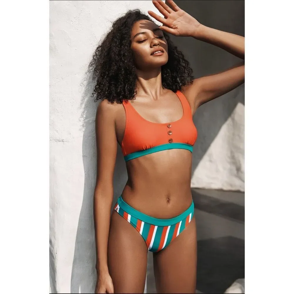 Cupshe Orange and Teal Striped Two-Piece Bikini Sz Small